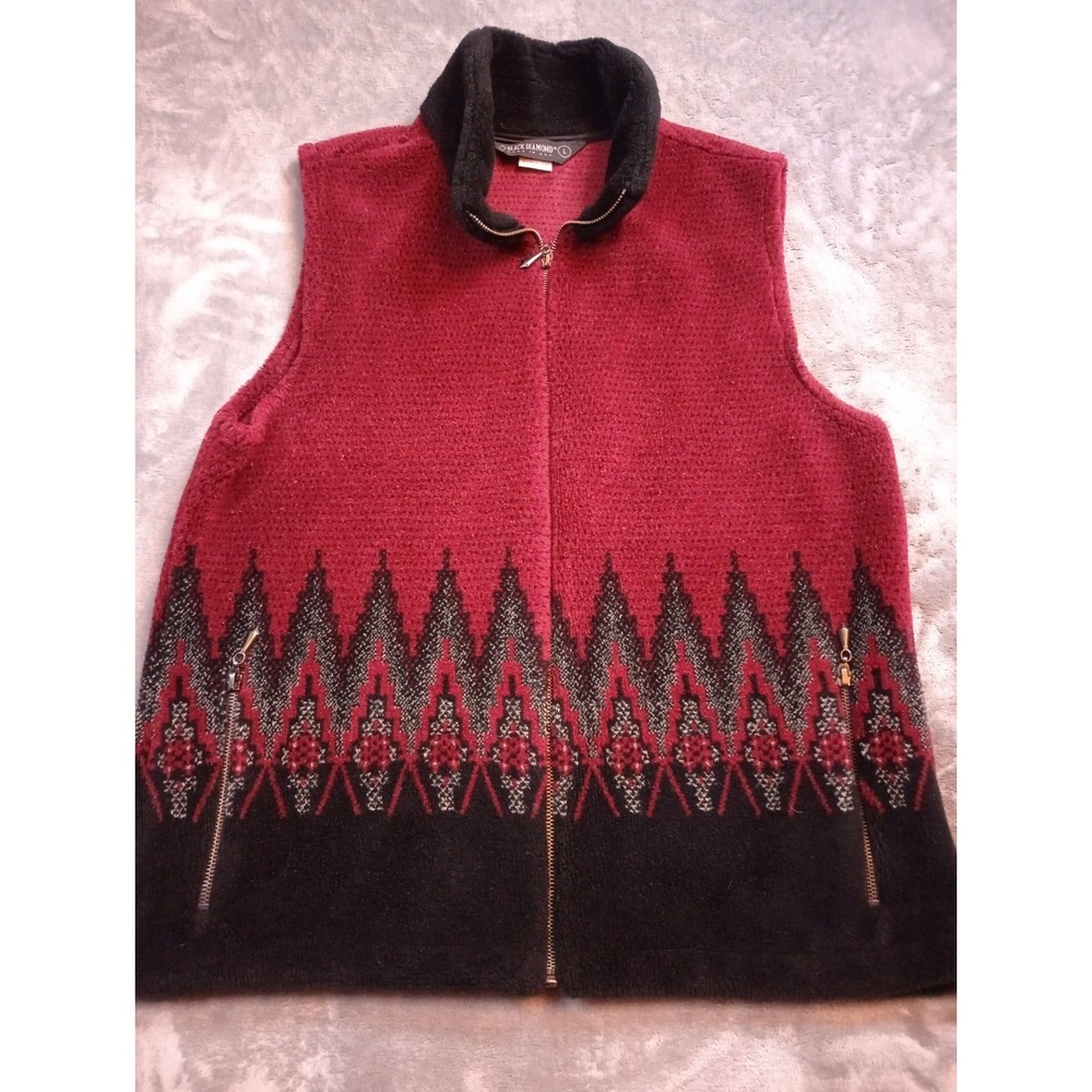 Black Diamond Full Zip Fleece Cardigan Sweater Vest Red Black Nordic Womens L